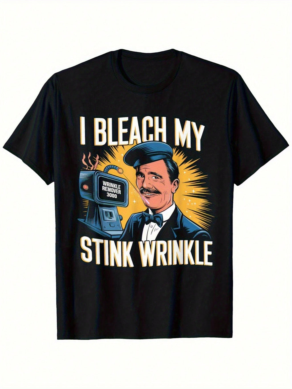 Men's I Bleach My Stink Wrinkle Graphic T-Shirt - 100% Cotton 180gsm Heavyweight, Bold Vintage TV Print, Regular Fit Short Sleeve Tee For Casual Casual Attire (Black, S-XXXL), Nontransparent Material, Weekend Clothing, Retro Design, Soft Fabric, Round Nec
