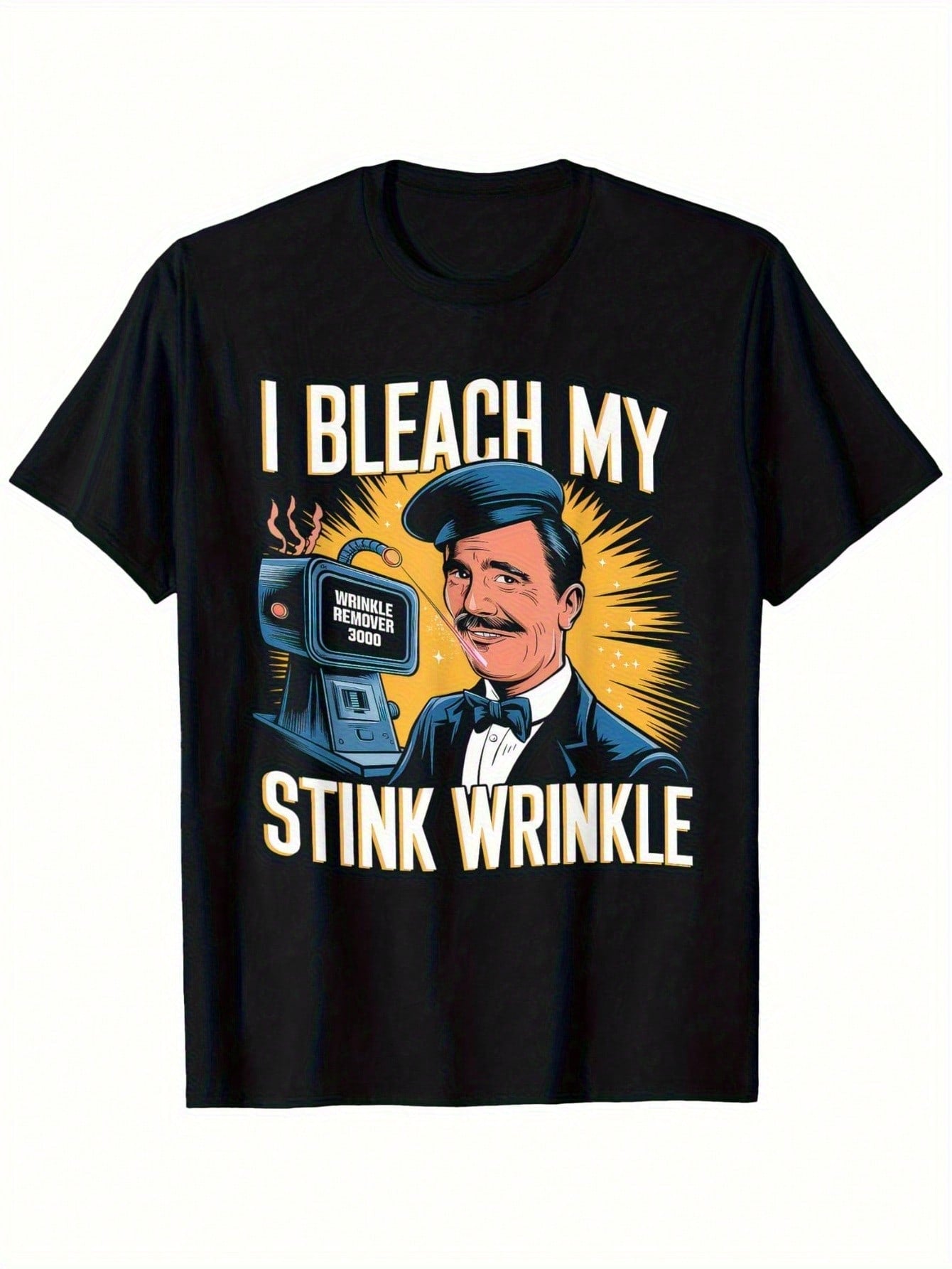 Men's I Bleach My Stink Wrinkle Graphic T-Shirt - 100% Cotton 180gsm Heavyweight, Bold Vintage TV Print, Regular Fit Short Sleeve Tee For Casual Casual Attire (Black, S-XXXL), Nontransparent Material, Weekend Clothing, Retro Design, Soft Fabric, Round Nec