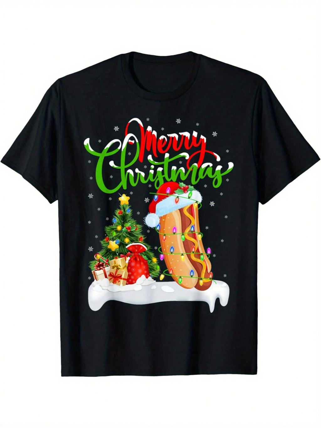Funny Christmas T-Shirt - Santa Hot Dog In Sandbox Winter Scene Graphic - Black Holiday Tee For Adults - Soft Stretch Fabric - Machine Washable Casual Party Outfit - Funny Xmas Gift For Hot Dog Lovers, Christmas Shirt Funny, Festive Graphic Tee, Comfortab