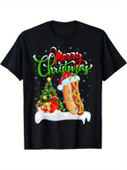 Funny Christmas T-Shirt - Santa Hot Dog In Sandbox Winter Scene Graphic - Black Holiday Tee For Adults - Soft Stretch Fabric - Machine Washable Casual Party Outfit - Funny Xmas Gift For Hot Dog Lovers, Christmas Shirt Funny, Festive Graphic Tee, Comfortab