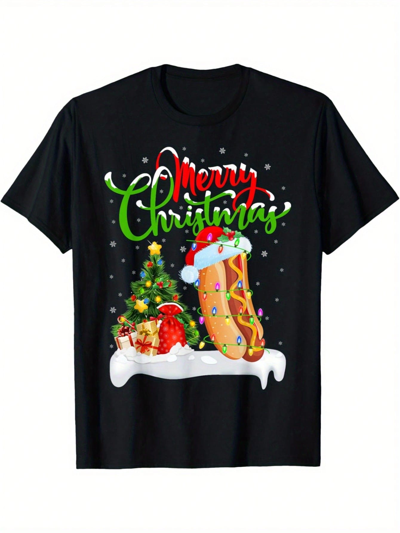Funny Christmas T-Shirt - Santa Hot Dog In Sandbox Winter Scene Graphic - Black Holiday Tee For Adults - Soft Stretch Fabric - Machine Washable Casual Party Outfit - Funny Xmas Gift For Hot Dog Lovers, Christmas Shirt Funny, Festive Graphic Tee, Comfortab
