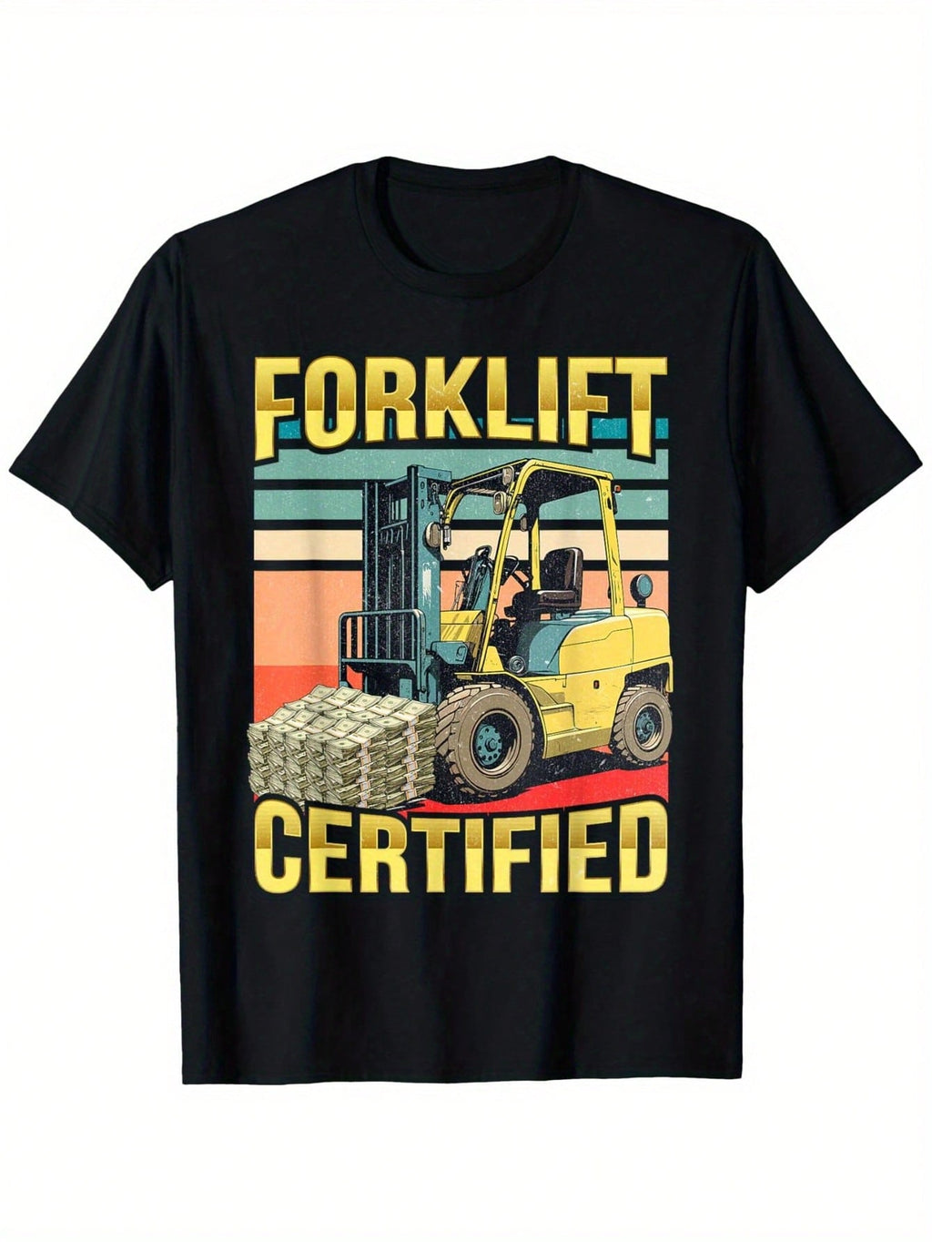Forklift Certified Graphic Print T-Shirt - 100% Cotton 180gsm, Bold Yellow Text & Warehouse Scene Design, Regular Fit Short Sleeve Round Neck Tee For Warehouse Workers & Forklift Operators (S-XXXL, Black), Industrial Workwear, Eyecatching Design, Comforta
