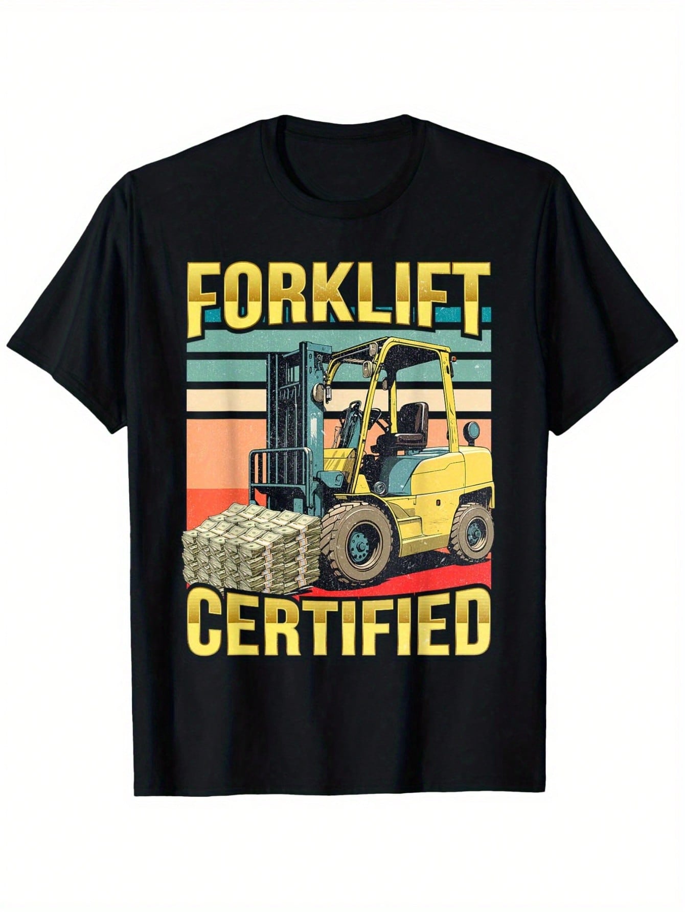 Forklift Certified Graphic Print T-Shirt - 100% Cotton 180gsm, Bold Yellow Text & Warehouse Scene Design, Regular Fit Short Sleeve Round Neck Tee For Warehouse Workers & Forklift Operators (S-XXXL, Black), Industrial Workwear, Eyecatching Design, Comforta