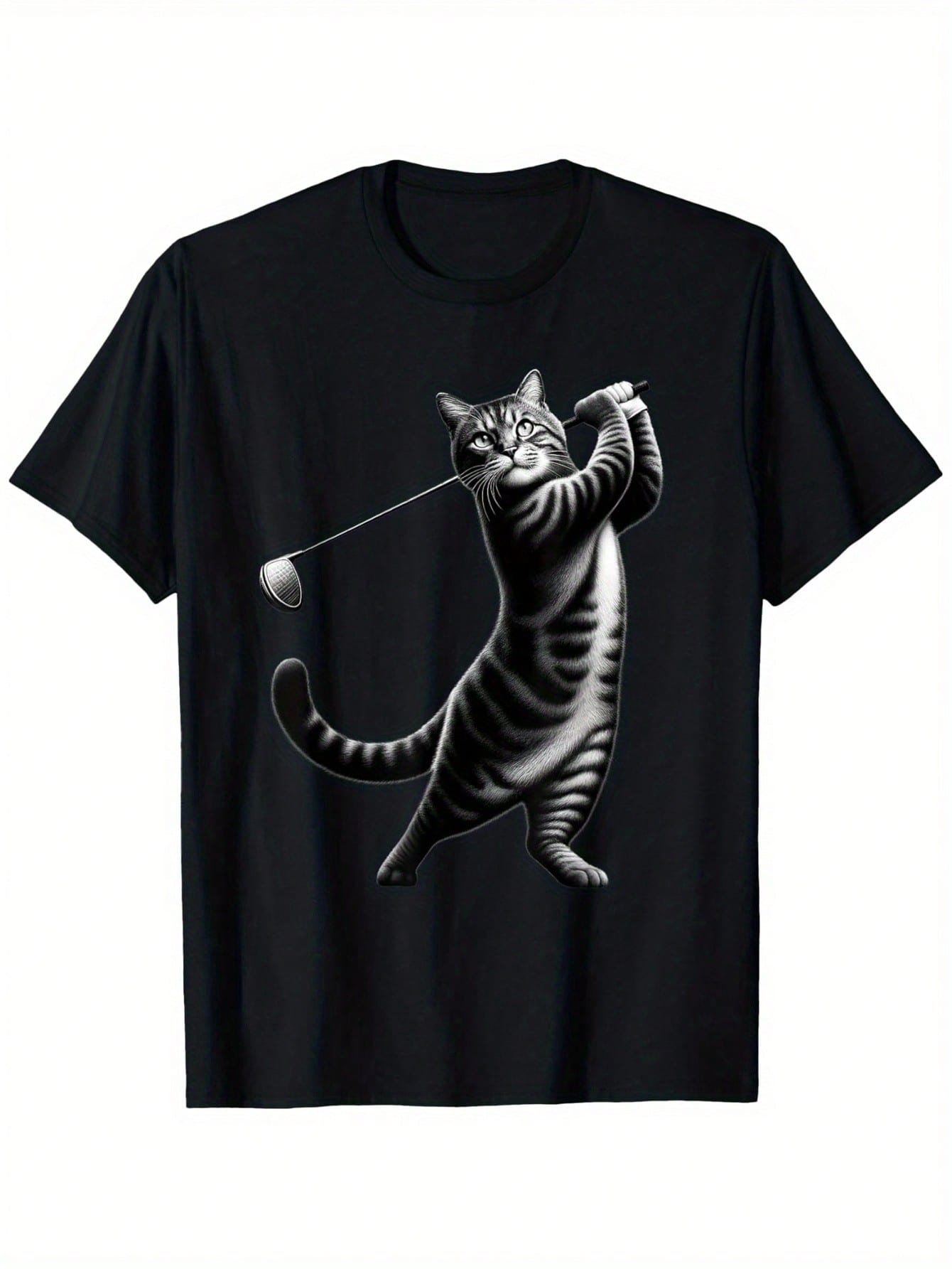 Men's Vintage Cat Playing Golf Graphic T-Shirt - 100% Cotton 180gsm Soft Round Neck Tee, Black Casual Short Sleeve Shirt With Humorous Kitten Golfer Design, Regular Fit S-XXXL For Casual Attire & Golf Outings, Golf Shirt, Leisure Clothing, Playful Print T