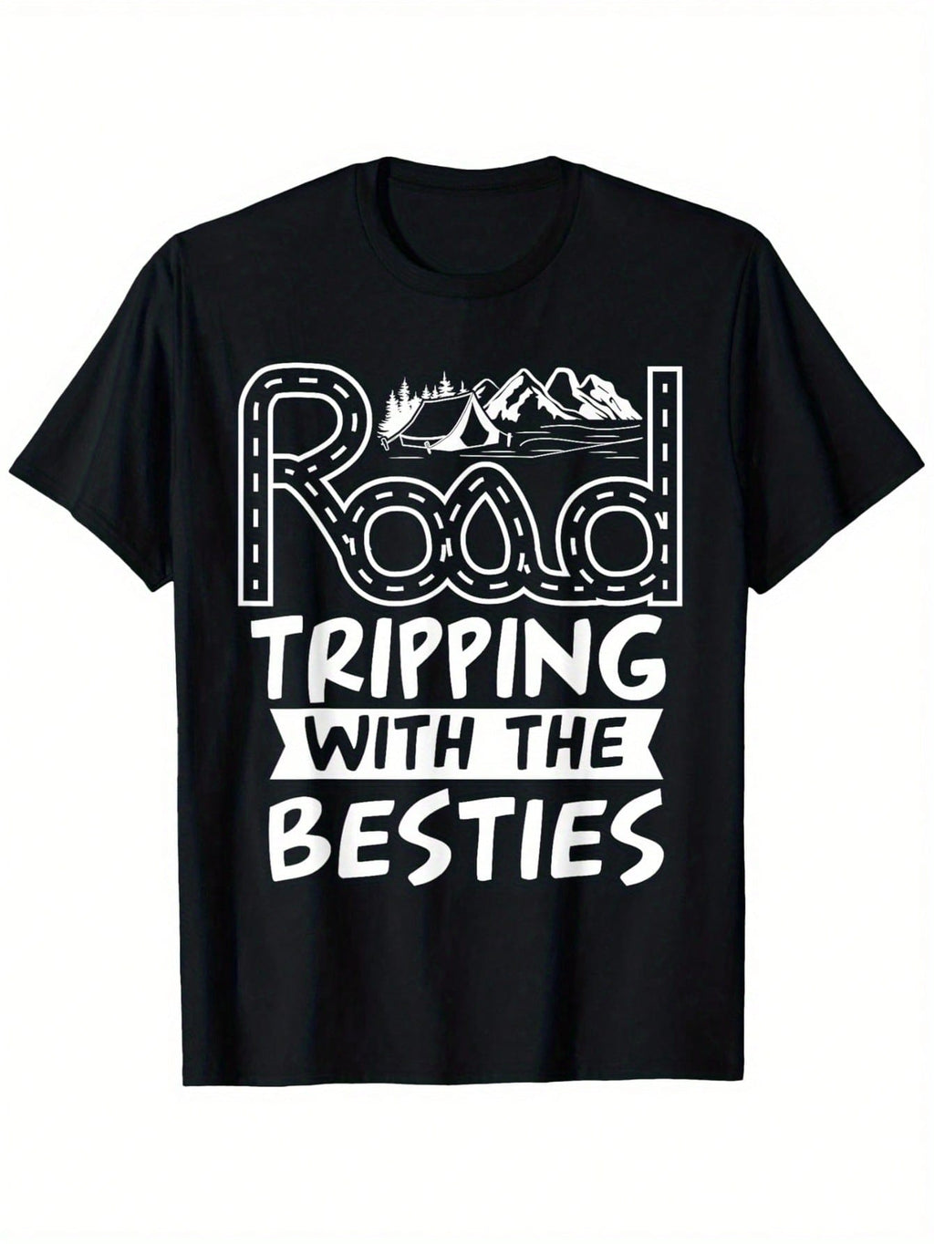 Humorous Cool Road Trip Camping Road Tripping With The Besties T-Shirt, Cotton, 180g, Crew Neck,, S-XXXL,Men Clothes 100% Pure Cotton Short Sleeved Shirt, Essential For Summer And Spring, Loose Casual Round Neck, Graphic Tees Men, Suitable For Sports Enth