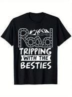 Humorous Cool Road Trip Camping Road Tripping With The Besties T-Shirt, Cotton, 180g, Crew Neck,, S-XXXL,Men Clothes 100% Pure Cotton Short Sleeved Shirt, Essential For Summer And Spring, Loose Casual Round Neck, Graphic Tees Men, Suitable For Sports Enth
