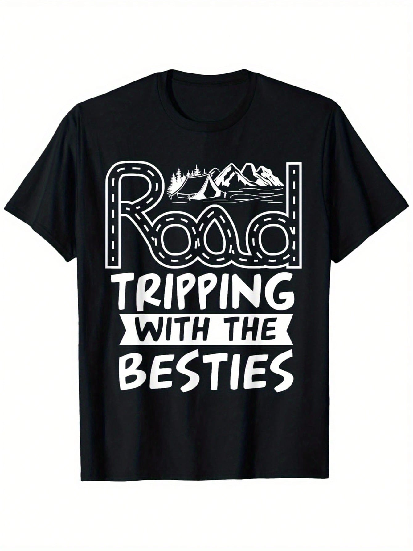 Humorous Cool Road Trip Camping Road Tripping With The Besties T-Shirt, Cotton, 180g, Crew Neck,, S-XXXL,Men Clothes 100% Pure Cotton Short Sleeved Shirt, Essential For Summer And Spring, Loose Casual Round Neck, Graphic Tees Men, Suitable For Sports Enth