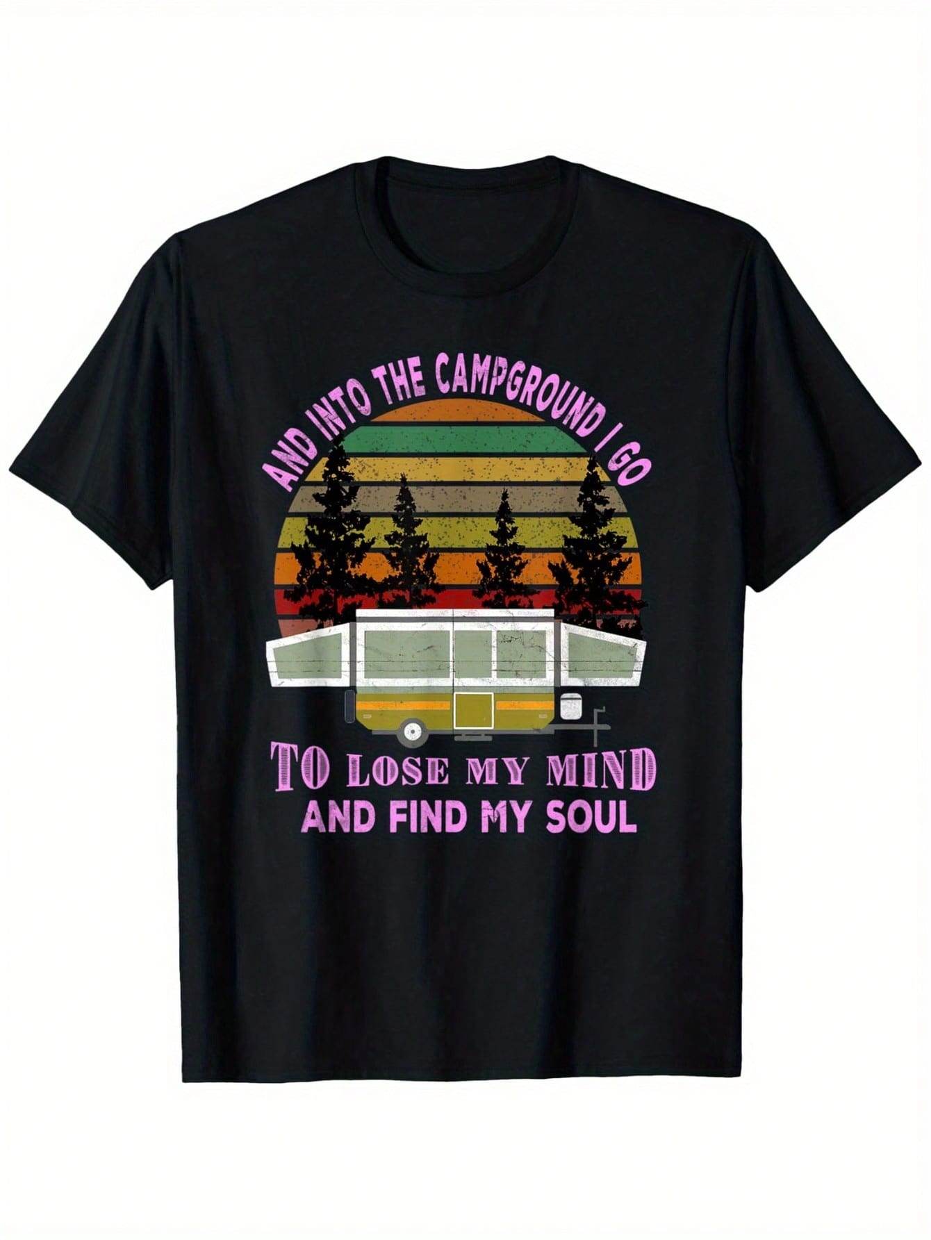 Pop Up Tent Trailer Camping Camper Hiker Vintage Sunset T-Shirt, 100% Cotton, 180g, Round Neck, Black, S-XXXL,Men Clothes 100% Pure Cotton Short Sleeved Shirt, Essential For Summer And Spring, Loose Casual Round Neck, Graphic Tees Men, Suitable For Sports