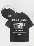 Men's Retro Washed 100% Cotton T-Shirt - "King Of Kings" Pattern, Double-Sided Printing, Casual Summer T-Shirt, Short Sleeved, Round Neck, Versatile Texture Suitable For Casual Wear