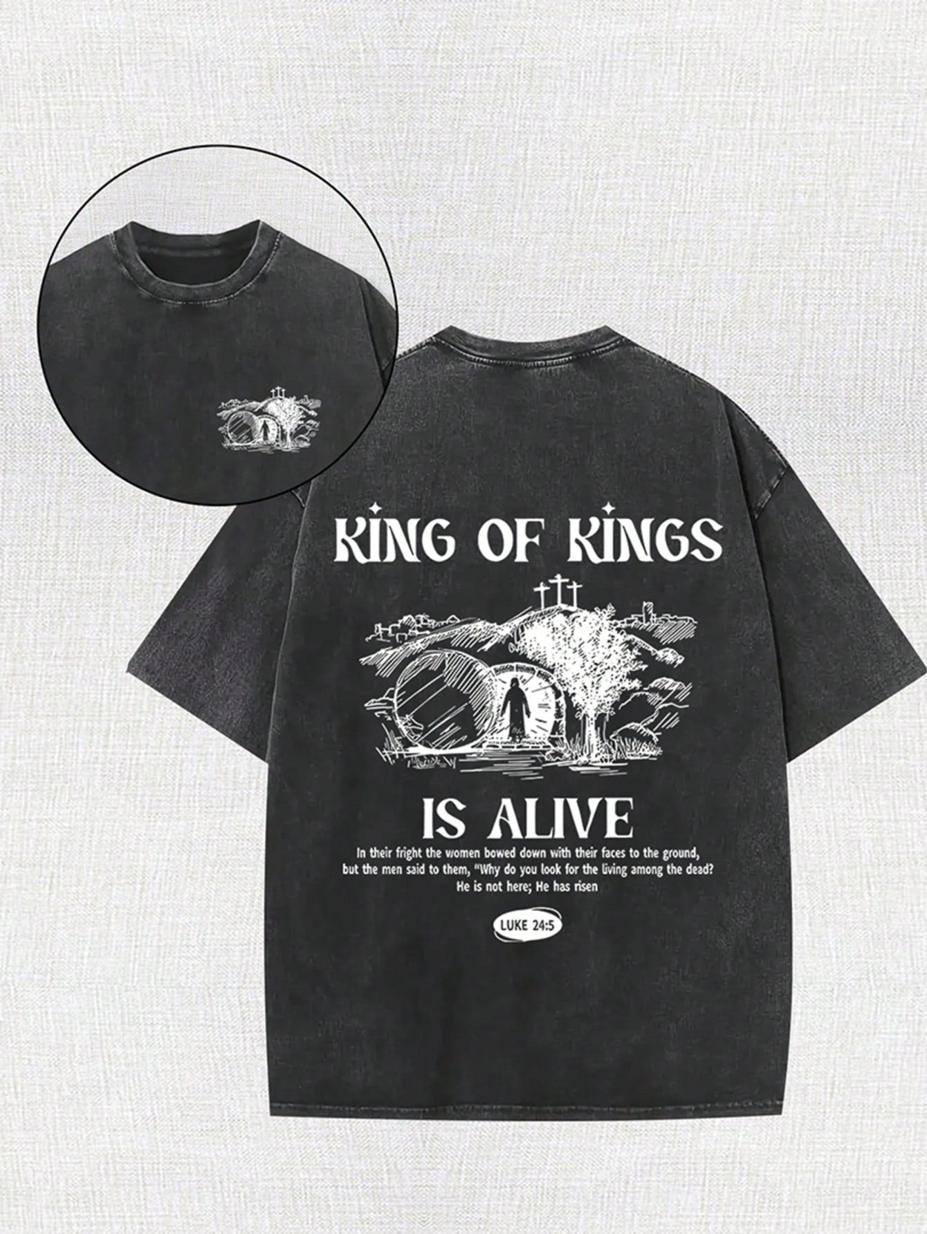 Men's Retro Washed 100% Cotton T-Shirt - "King Of Kings" Pattern, Double-Sided Printing, Casual Summer T-Shirt, Short Sleeved, Round Neck, Versatile Texture Suitable For Casual Wear