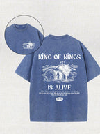 Men's Retro Washed 100% Cotton T-Shirt - "King Of Kings" Pattern, Double-Sided Printing, Casual Summer T-Shirt, Short Sleeved, Round Neck, Versatile Texture Suitable For Casual Wear