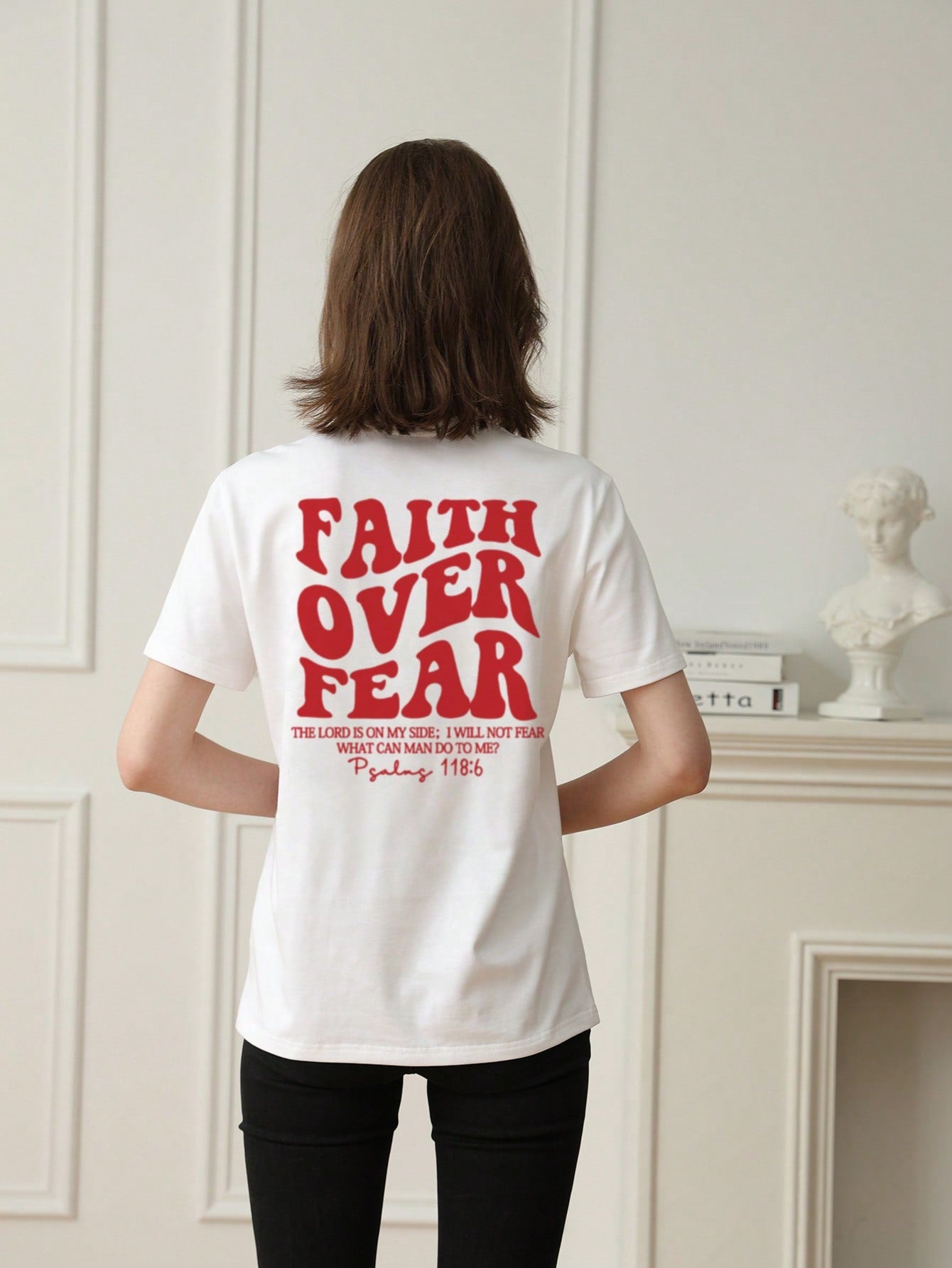 Ladies' Spring And Summer New Style Faith Over Fear Letter Print Daily Casual Round Neck Short Sleeved T-Shirt, Fashionable Vacation Style, Your Daily Necessity. Vacation Outfits Women Graphic Tees Women White Top