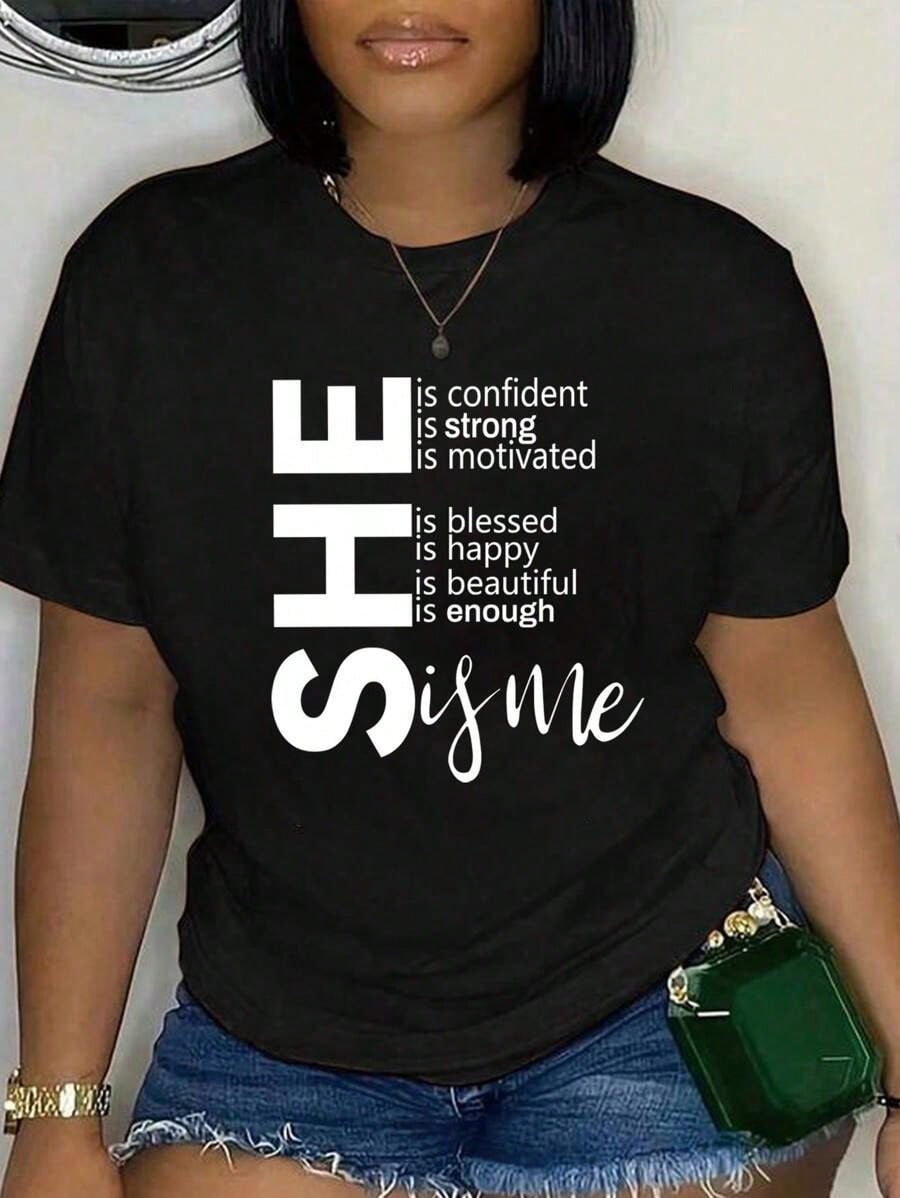 Maweii Plus Short-Sleeved T-Shirt With Slogan, SHE Is Confident Is Strong Is Motivated Is Happy Is Beautiful Is Enough Is Me Graphic Tee, Women Summer Top100 Comfortable Cotton