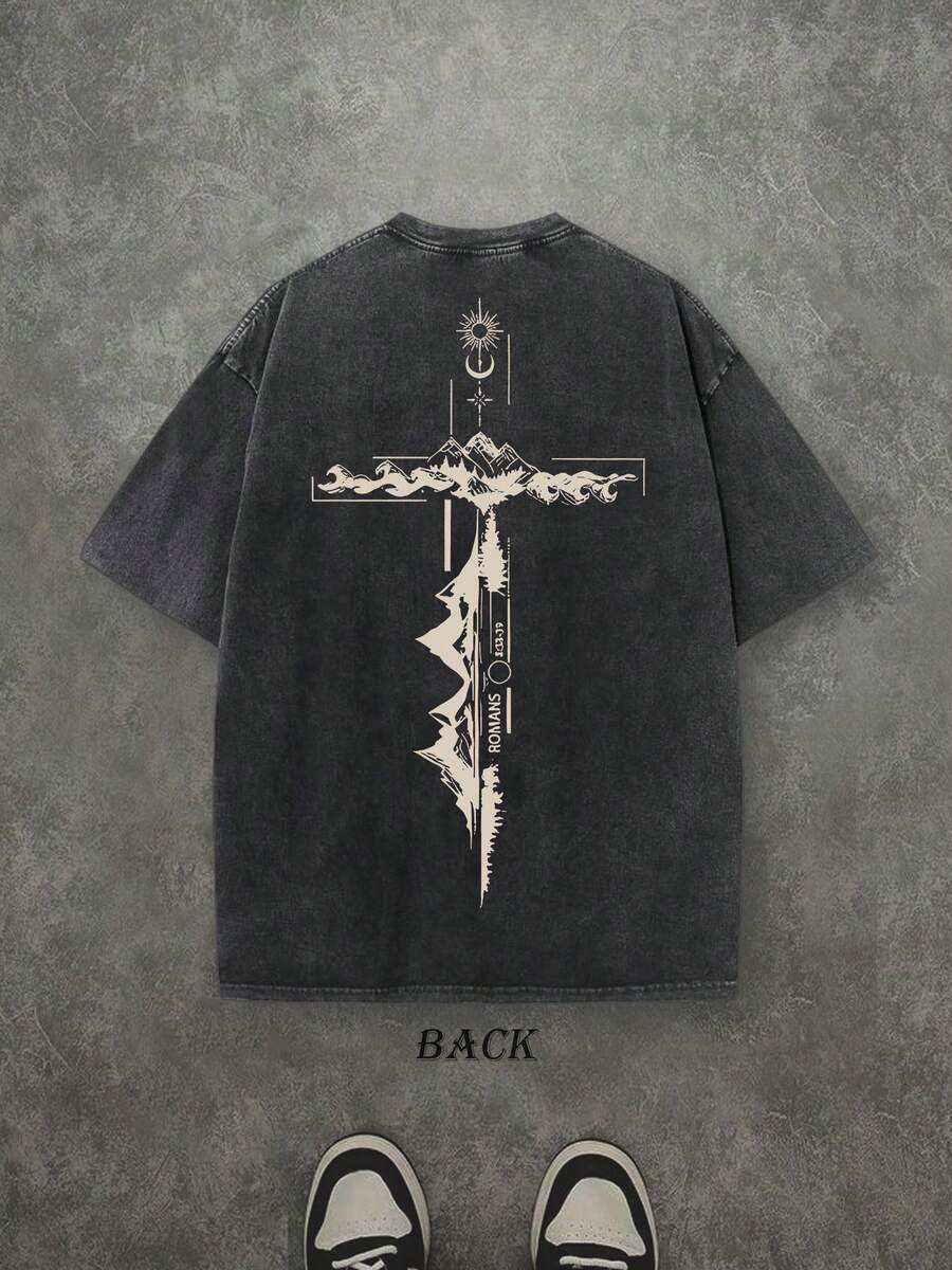 Christian Shirt, Retro Washed T-Shirt Double Sided Printed (230 Pure Cotton T-Shirt) 'ROMANS' God Is Greater Than Our Highs And Lows Christian Gift Letter Print, Men's T-Shirt, Men's Casual, Comfortable, Fashionable T-Shirt, Street Style Cotton