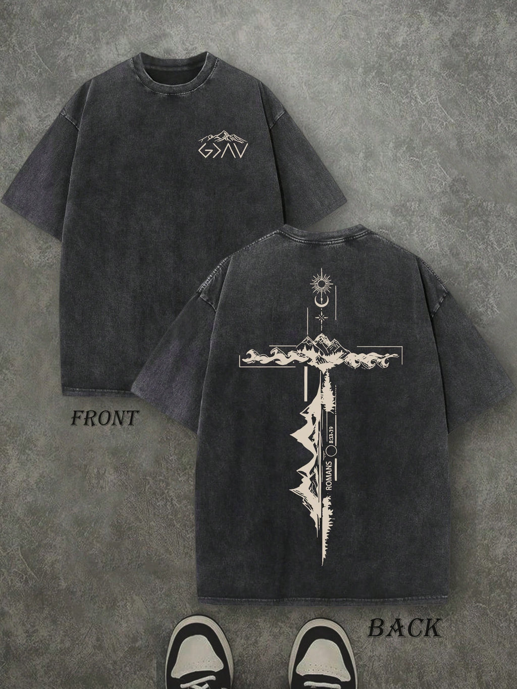 Christian Shirt, Retro Washed T-Shirt Double Sided Printed (230 Pure Cotton T-Shirt) 'ROMANS' God Is Greater Than Our Highs And Lows Christian Gift Letter Print, Men's T-Shirt, Men's Casual, Comfortable, Fashionable T-Shirt, Street Style Cotton