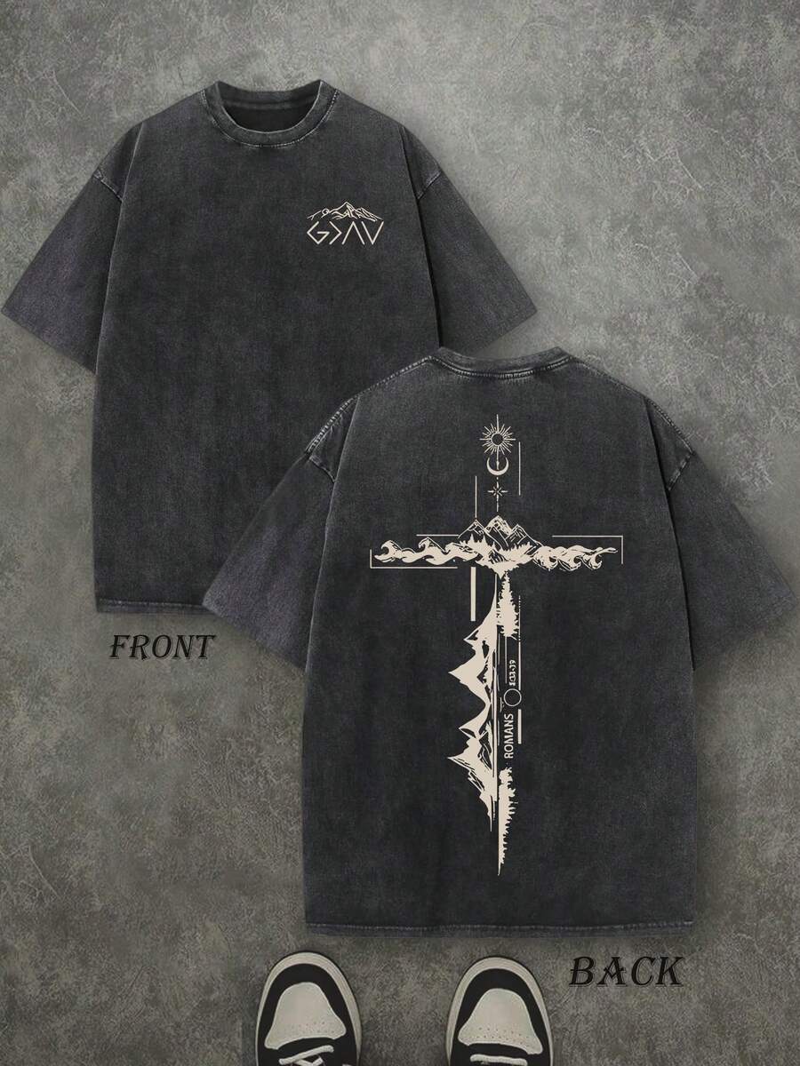 Christian Shirt, Retro Washed T-Shirt Double Sided Printed (230 Pure Cotton T-Shirt) 'ROMANS' God Is Greater Than Our Highs And Lows Christian Gift Letter Print, Men's T-Shirt, Men's Casual, Comfortable, Fashionable T-Shirt, Street Style Cotton