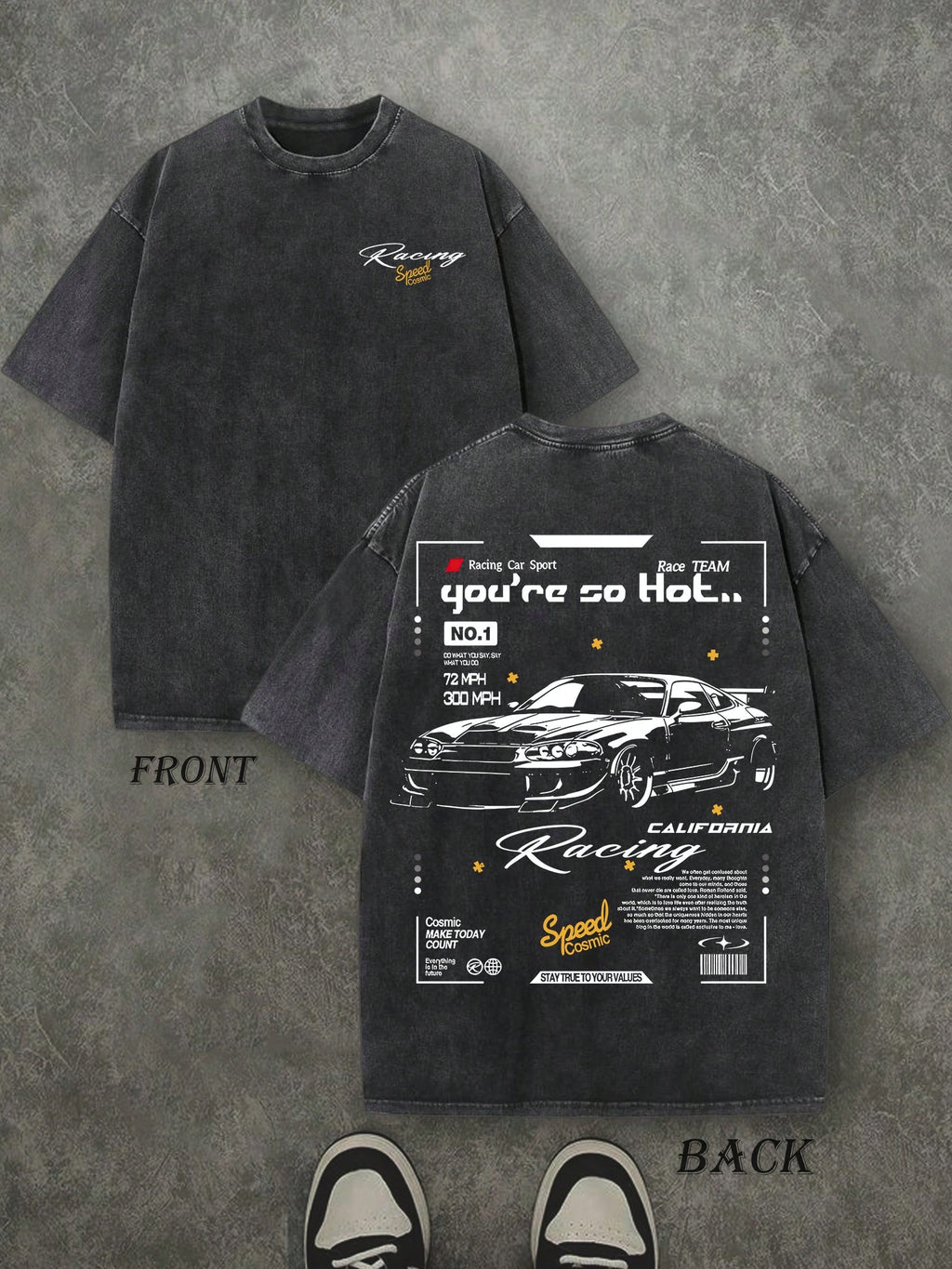 Retro Washed T-Shirt Double Sided Printed (230 Pure Cotton T-Shirt) 'you're So Hot..' Racing Letter Print, Men's T-Shirt, Men's Casual, Comfortable, Fashionable T-Shirt, Street Style Cotton