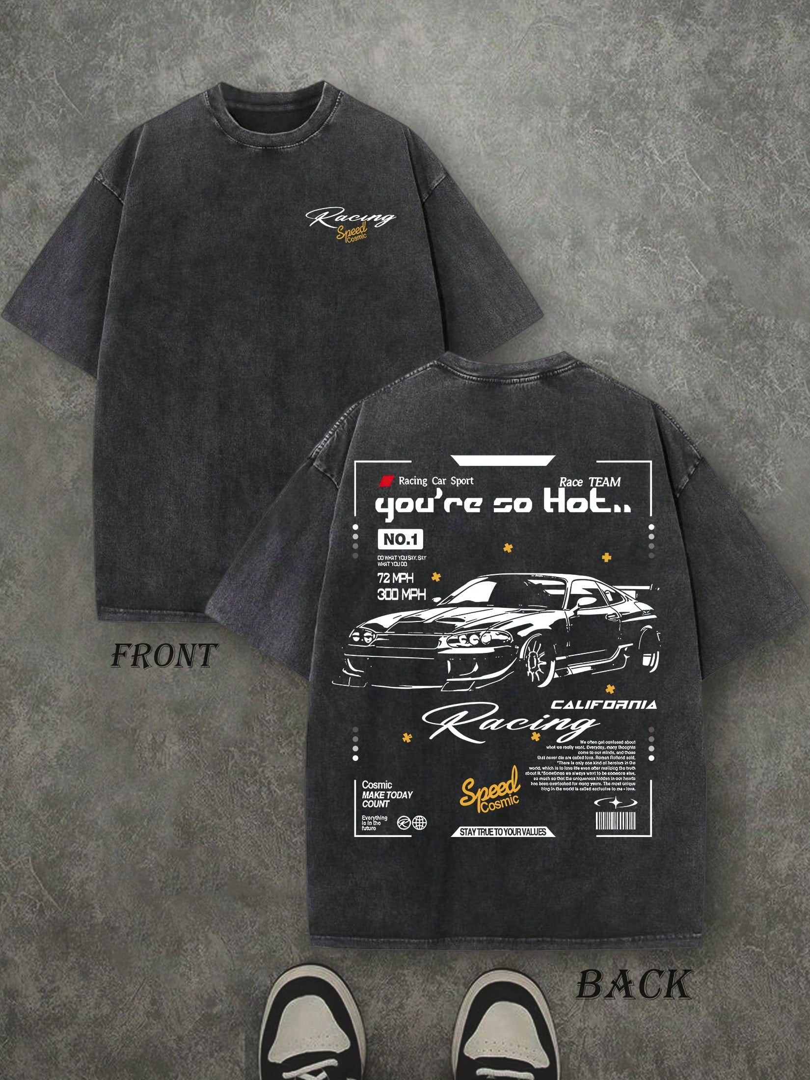 Retro Washed T-Shirt Double Sided Printed (230 Pure Cotton T-Shirt) 'you're So Hot..' Racing Letter Print, Men's T-Shirt, Men's Casual, Comfortable, Fashionable T-Shirt, Street Style Cotton