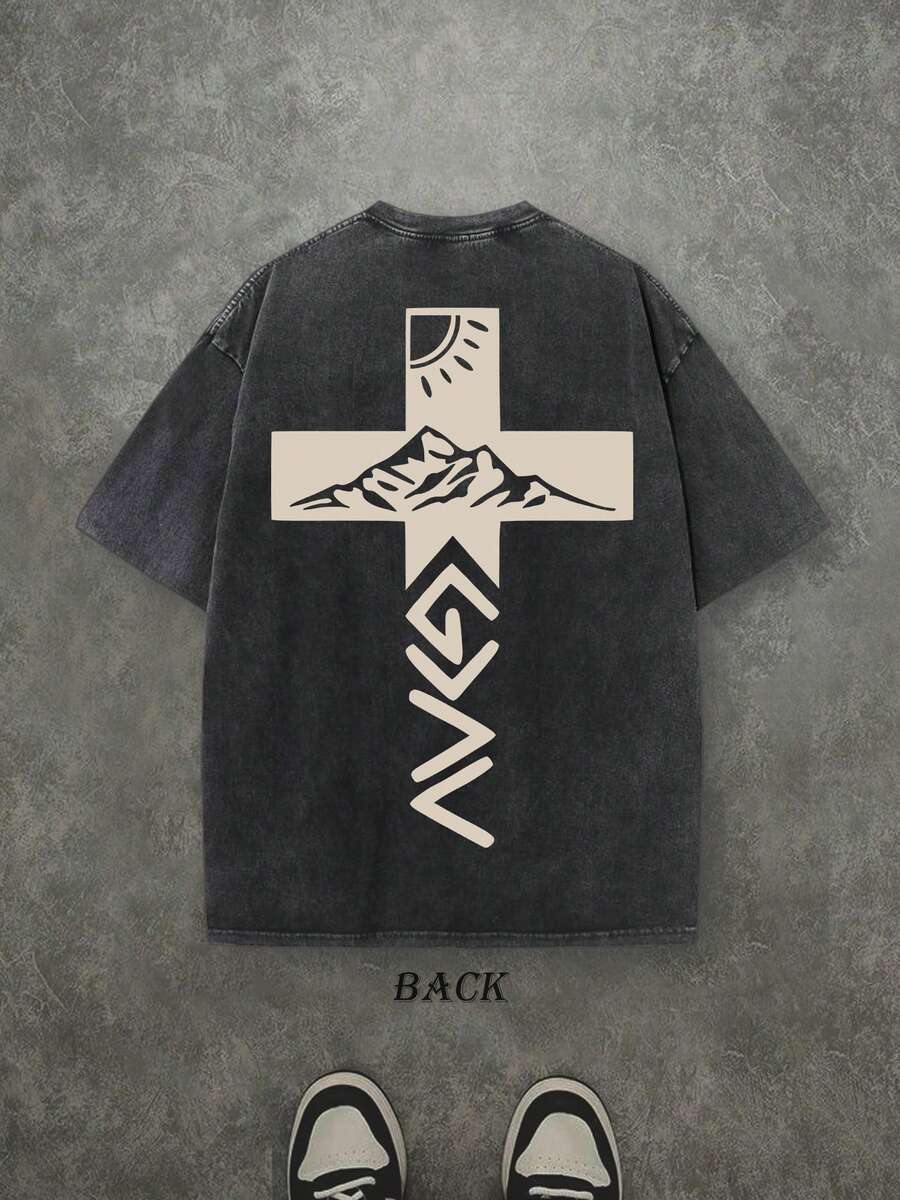 Retro Washed T-Shirt Double Sided Printed (230 Pure Cotton T-Shirt) 'God Is Greater Than Our Highs And Lows'  Letter Print, Christian Gift, Men's T-Shirt, Men's Casual, Comfortable, Fashionable T-Shirt, Street Style Cotton