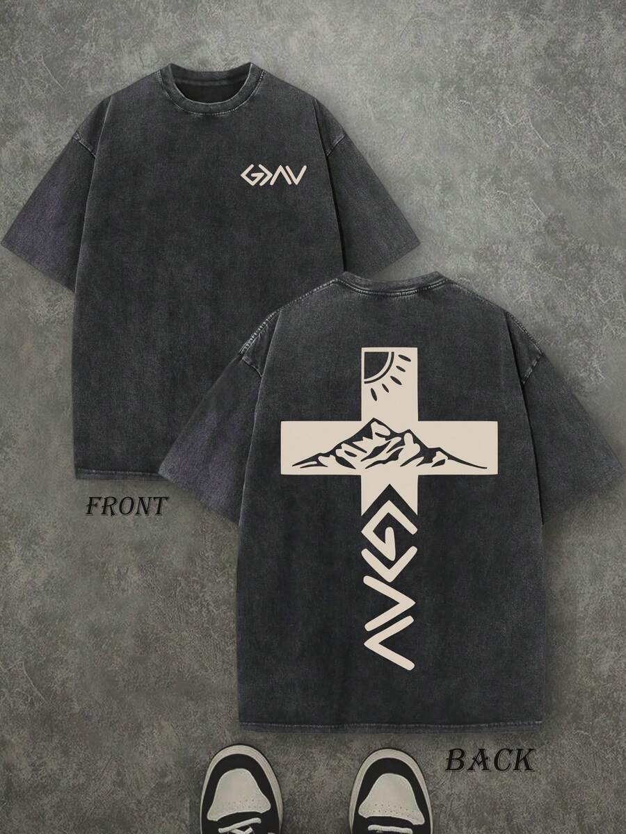 Retro Washed T-Shirt Double Sided Printed (230 Pure Cotton T-Shirt) 'God Is Greater Than Our Highs And Lows'  Letter Print, Christian Gift, Men's T-Shirt, Men's Casual, Comfortable, Fashionable T-Shirt, Street Style Cotton