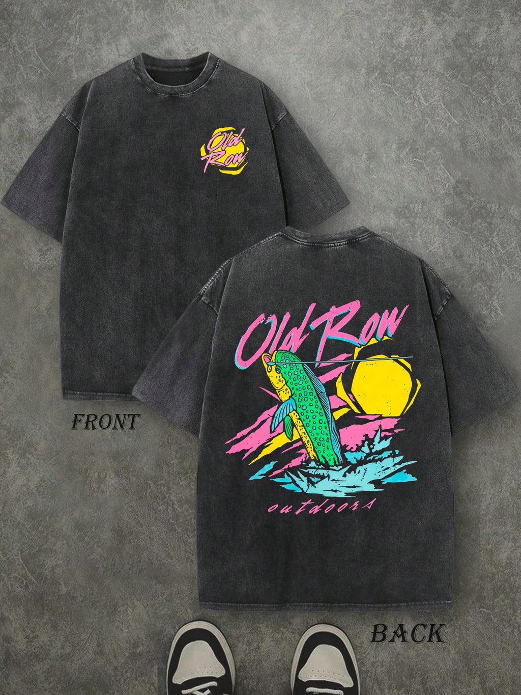 Retro Washed T-Shirt Double Sided Printed (230 Pure Cotton T-Shirt) 'Old Row Outdoors'  Letter And Fishing Pattern Print, Men's T-Shirt, Men's Casual, Comfortable, Fashionable T-Shirt, Street Style Cotton