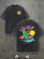 Retro Washed T-Shirt Double Sided Printed (230 Pure Cotton T-Shirt) 'Old Row Outdoors'  Letter And Fishing Pattern Print, Men's T-Shirt, Men's Casual, Comfortable, Fashionable T-Shirt, Street Style Cotton