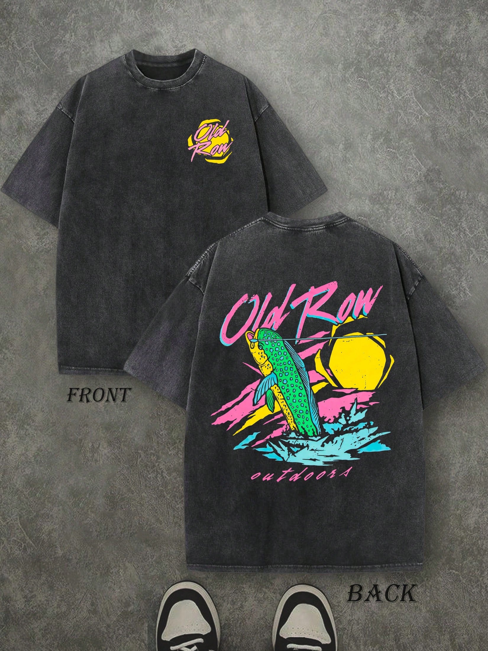 Retro Washed T-Shirt Double Sided Printed (230 Pure Cotton T-Shirt) 'Old Row Outdoors'  Letter And Fishing Pattern Print, Men's T-Shirt, Men's Casual, Comfortable, Fashionable T-Shirt, Street Style Cotton