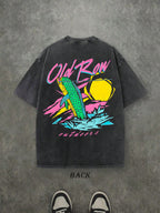 Retro Washed T-Shirt Double Sided Printed (230 Pure Cotton T-Shirt) 'Old Row Outdoors'  Letter And Fishing Pattern Print, Men's T-Shirt, Men's Casual, Comfortable, Fashionable T-Shirt, Street Style Cotton