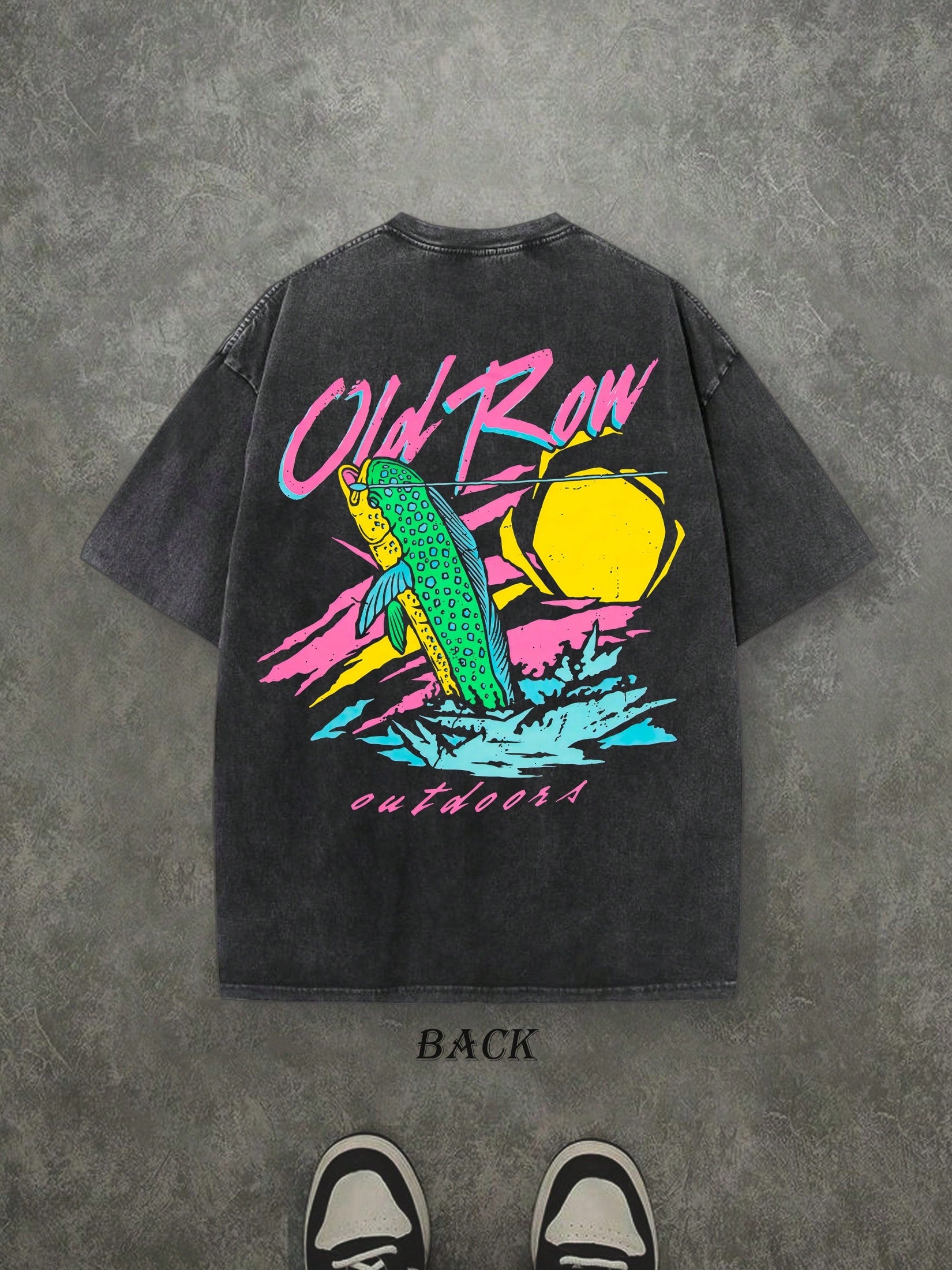 Retro Washed T-Shirt Double Sided Printed (230 Pure Cotton T-Shirt) 'Old Row Outdoors'  Letter And Fishing Pattern Print, Men's T-Shirt, Men's Casual, Comfortable, Fashionable T-Shirt, Street Style Cotton