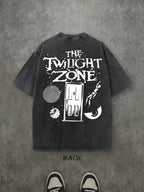 Retro Washed T-Shirt Double Sided Printed (230 Pure Cotton T-Shirt) 'THE TWILIGHT ZONE'  Letter And Beer Pattern Print, Men's T-Shirt, Men's Casual, Comfortable, Fashionable T-Shirt, Street Style Cotton