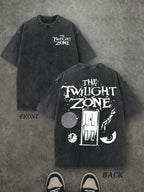 Retro Washed T-Shirt Double Sided Printed (230 Pure Cotton T-Shirt) 'THE TWILIGHT ZONE'  Letter And Beer Pattern Print, Men's T-Shirt, Men's Casual, Comfortable, Fashionable T-Shirt, Street Style Cotton