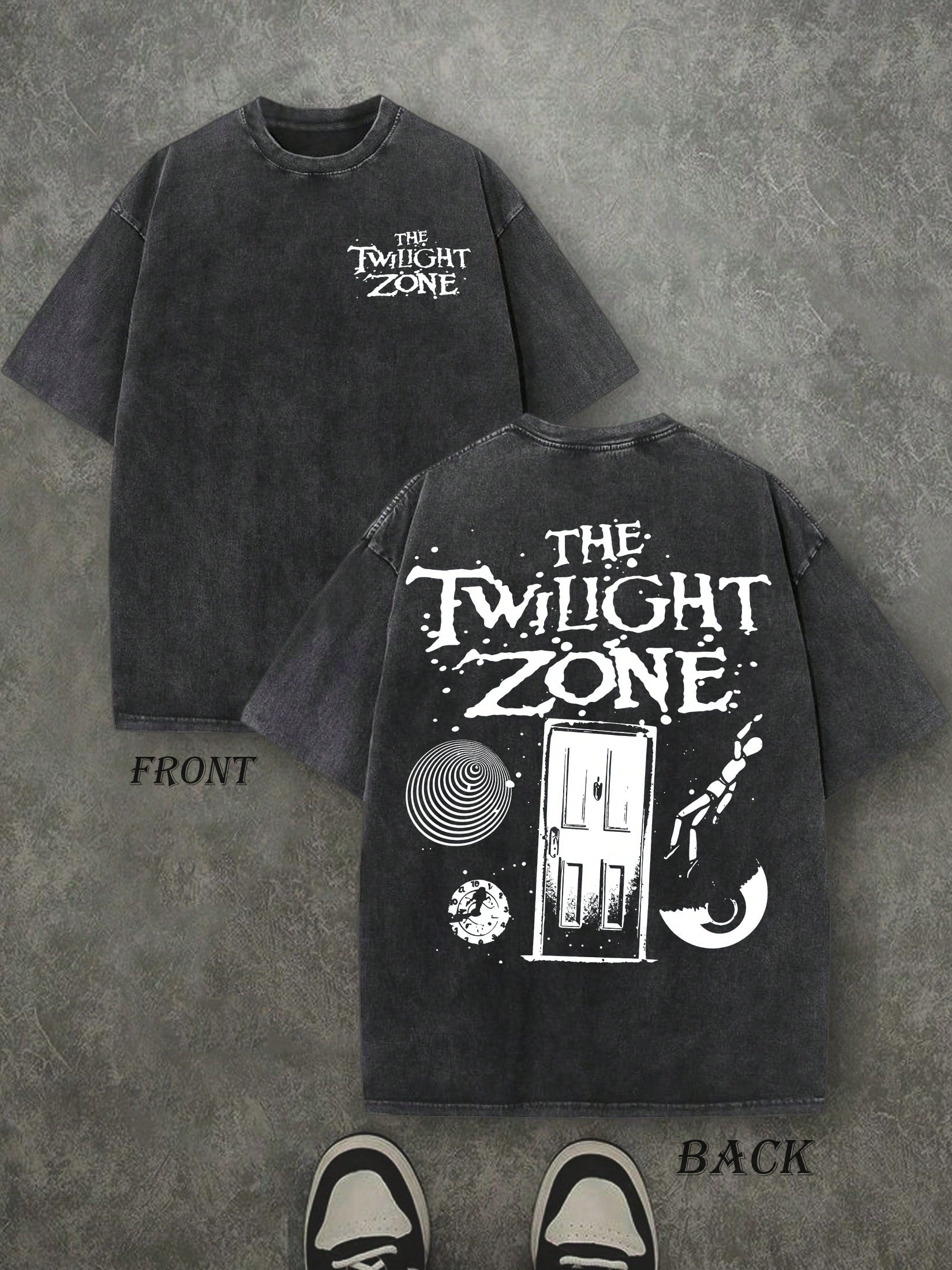 Retro Washed T-Shirt Double Sided Printed (230 Pure Cotton T-Shirt) 'THE TWILIGHT ZONE'  Letter And Beer Pattern Print, Men's T-Shirt, Men's Casual, Comfortable, Fashionable T-Shirt, Street Style Cotton