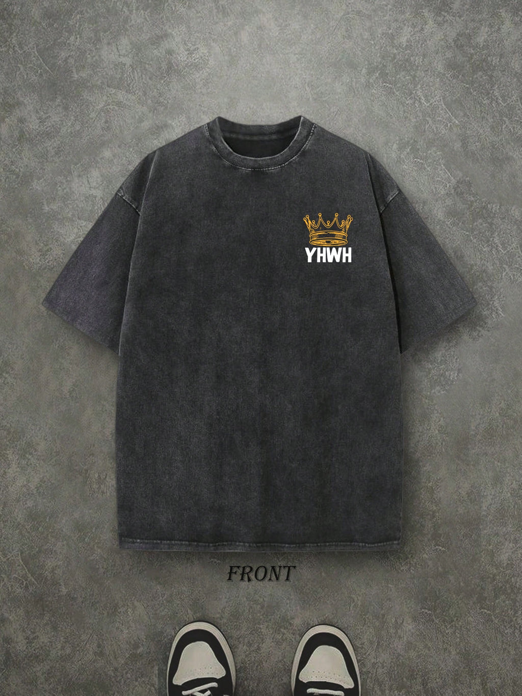 Retro Washed T-Shirt Double Sided Printed (230 Pure Cotton T-Shirt) 'YHWH NOT MYWAY'  Letter And Crown Pattern Print, Men's T-Shirt, Men's Casual, Comfortable, Fashionable T-Shirt, Street Style Cotton