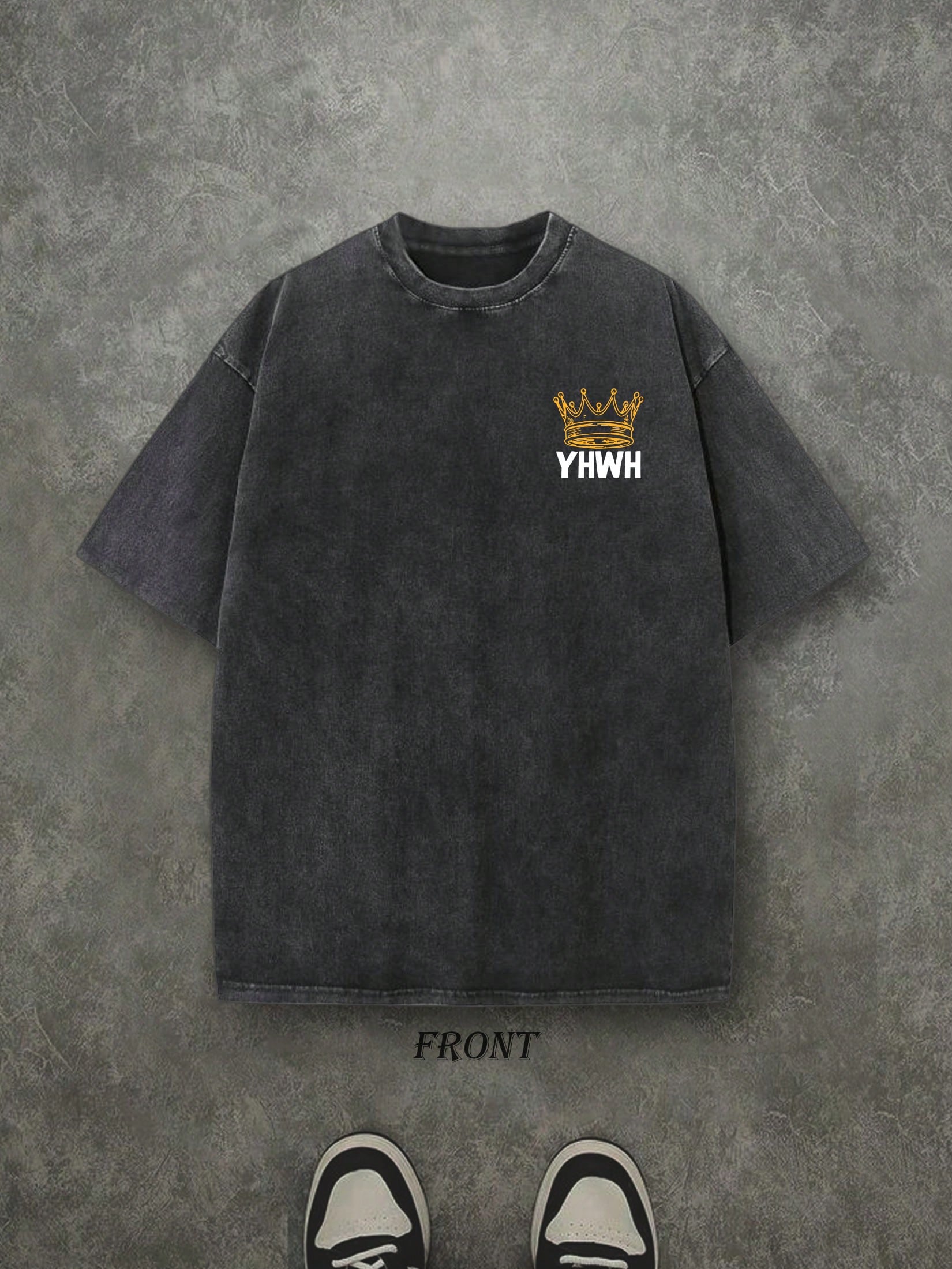 Retro Washed T-Shirt Double Sided Printed (230 Pure Cotton T-Shirt) 'YHWH NOT MYWAY'  Letter And Crown Pattern Print, Men's T-Shirt, Men's Casual, Comfortable, Fashionable T-Shirt, Street Style Cotton