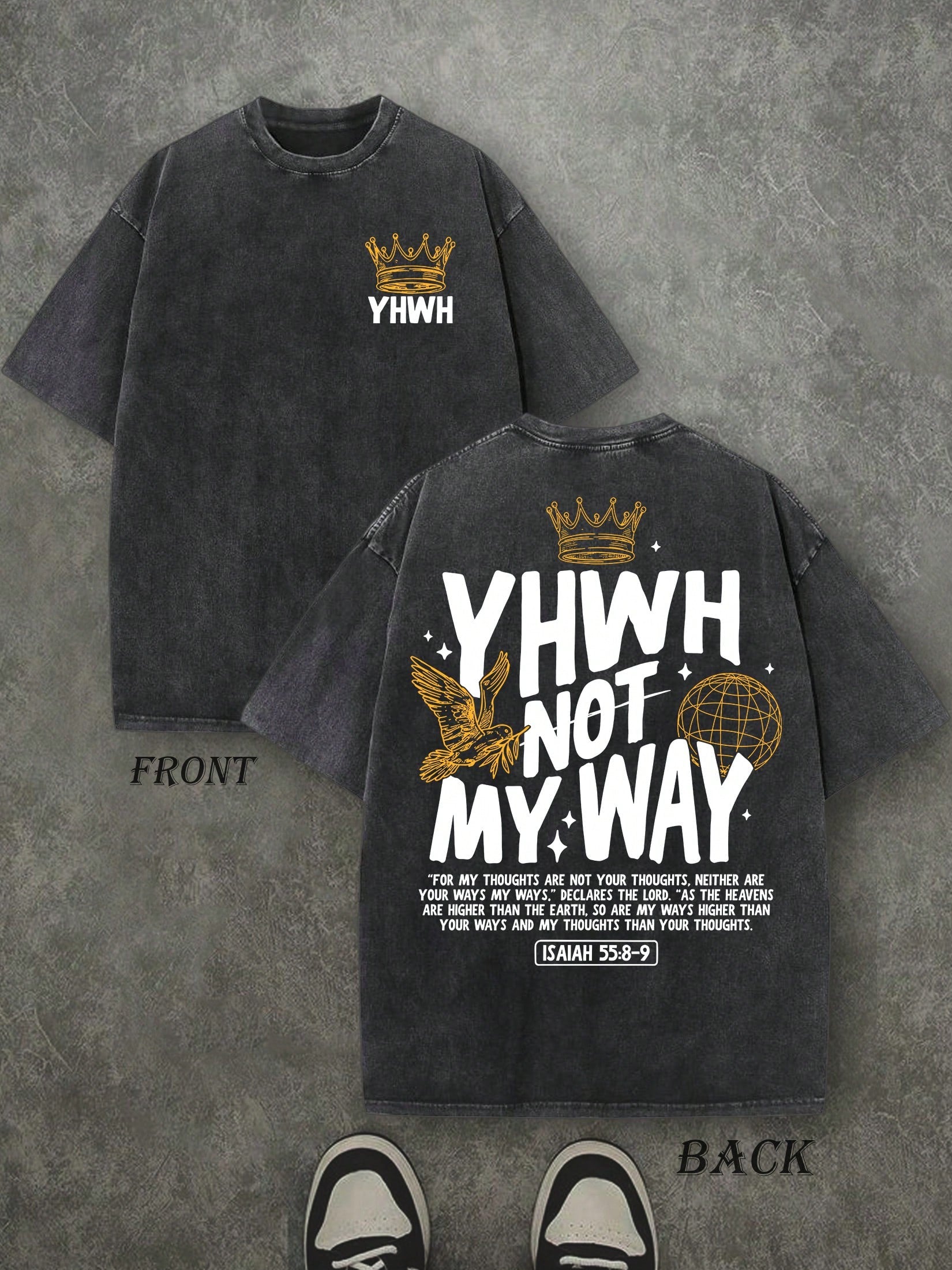Retro Washed T-Shirt Double Sided Printed (230 Pure Cotton T-Shirt) 'YHWH NOT MYWAY'  Letter And Crown Pattern Print, Men's T-Shirt, Men's Casual, Comfortable, Fashionable T-Shirt, Street Style Cotton