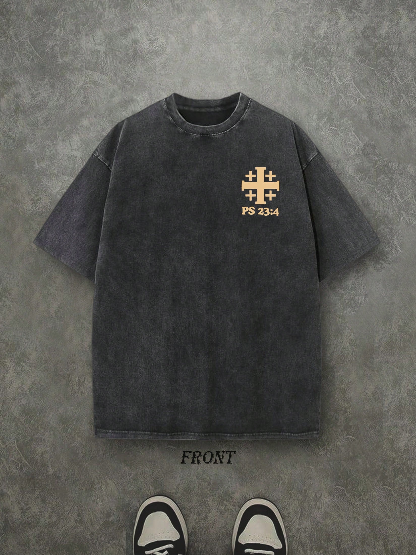 Retro Washed T-Shirt Double Sided Printed (230 Pure Cotton T-Shirt) 'I WILL FEAR NO EVIL'  Letter And Pattern Print, Men's T-Shirt, Men's Casual, Comfortable, Fashionable T-Shirt, Street Style Cotton