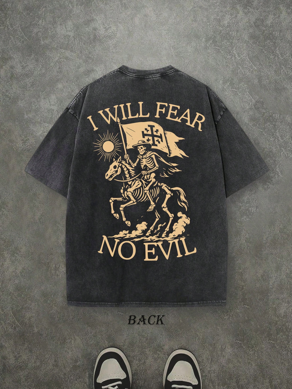 Retro Washed T-Shirt Double Sided Printed (230 Pure Cotton T-Shirt) 'I WILL FEAR NO EVIL'  Letter And Pattern Print, Men's T-Shirt, Men's Casual, Comfortable, Fashionable T-Shirt, Street Style Cotton