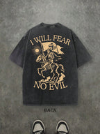 Retro Washed T-Shirt Double Sided Printed (230 Pure Cotton T-Shirt) 'I WILL FEAR NO EVIL'  Letter And Pattern Print, Men's T-Shirt, Men's Casual, Comfortable, Fashionable T-Shirt, Street Style Cotton