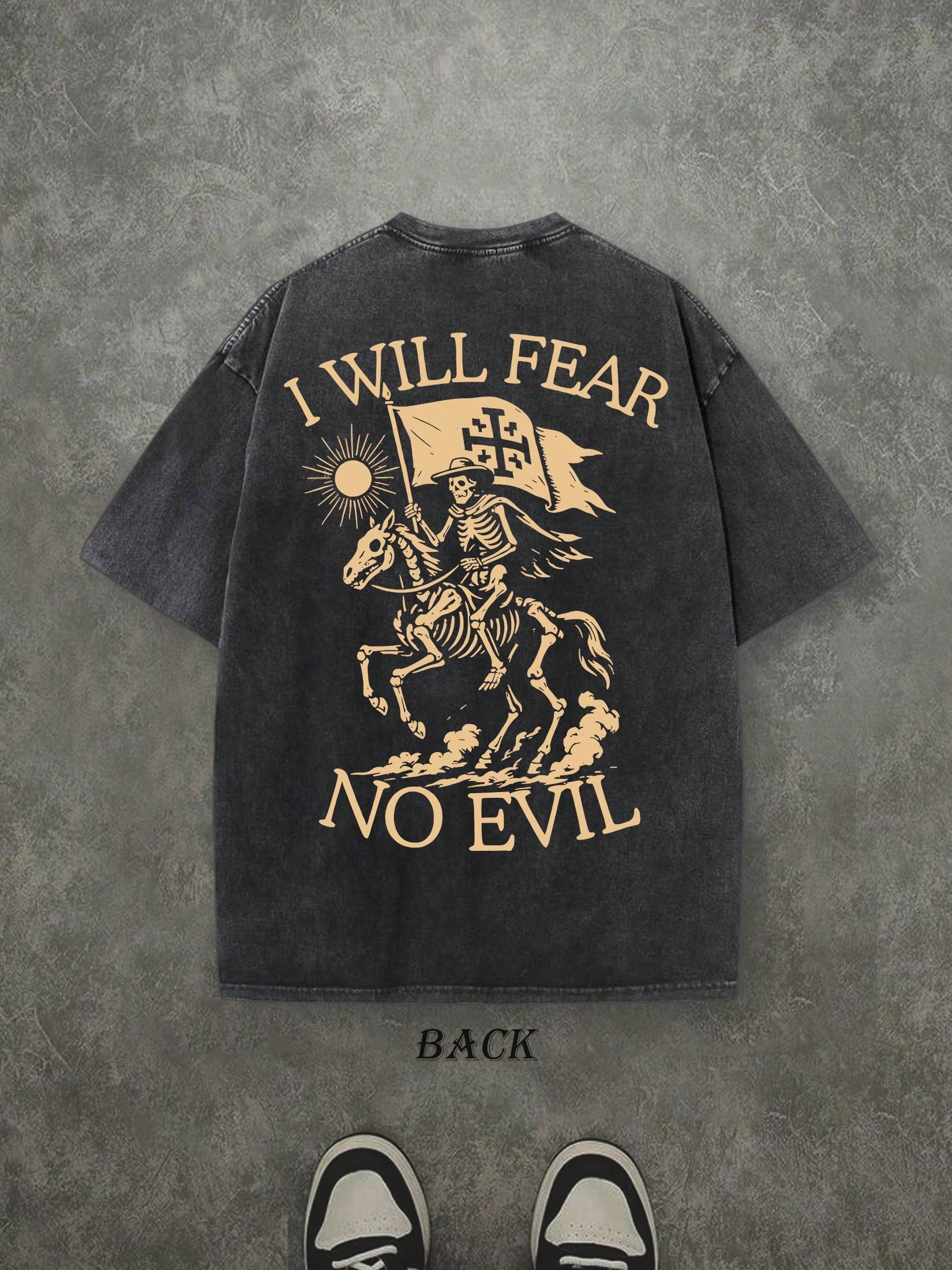 Retro Washed T-Shirt Double Sided Printed (230 Pure Cotton T-Shirt) 'I WILL FEAR NO EVIL'  Letter And Pattern Print, Men's T-Shirt, Men's Casual, Comfortable, Fashionable T-Shirt, Street Style Cotton