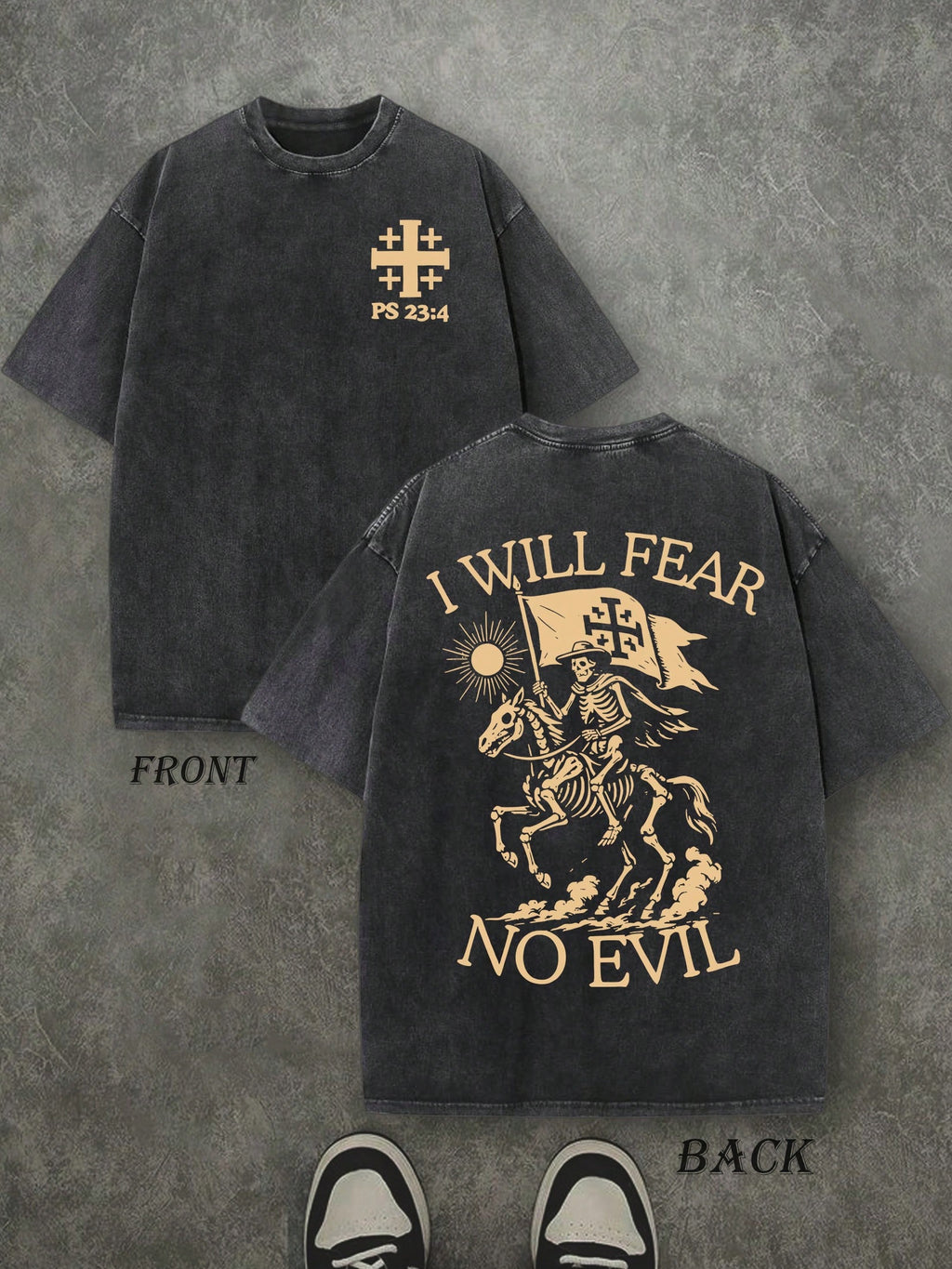 Retro Washed T-Shirt Double Sided Printed (230 Pure Cotton T-Shirt) 'I WILL FEAR NO EVIL'  Letter And Pattern Print, Men's T-Shirt, Men's Casual, Comfortable, Fashionable T-Shirt, Street Style Cotton
