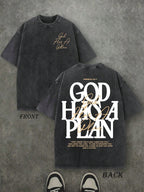 Retro Washed T-Shirt Double Sided Printed (230 Pure Cotton T-Shirt) 'GOD HAS A PLAN'  Letter Print, Men's T-Shirt, Men's Casual, Comfortable, Fashionable T-Shirt, Street Style Cotton