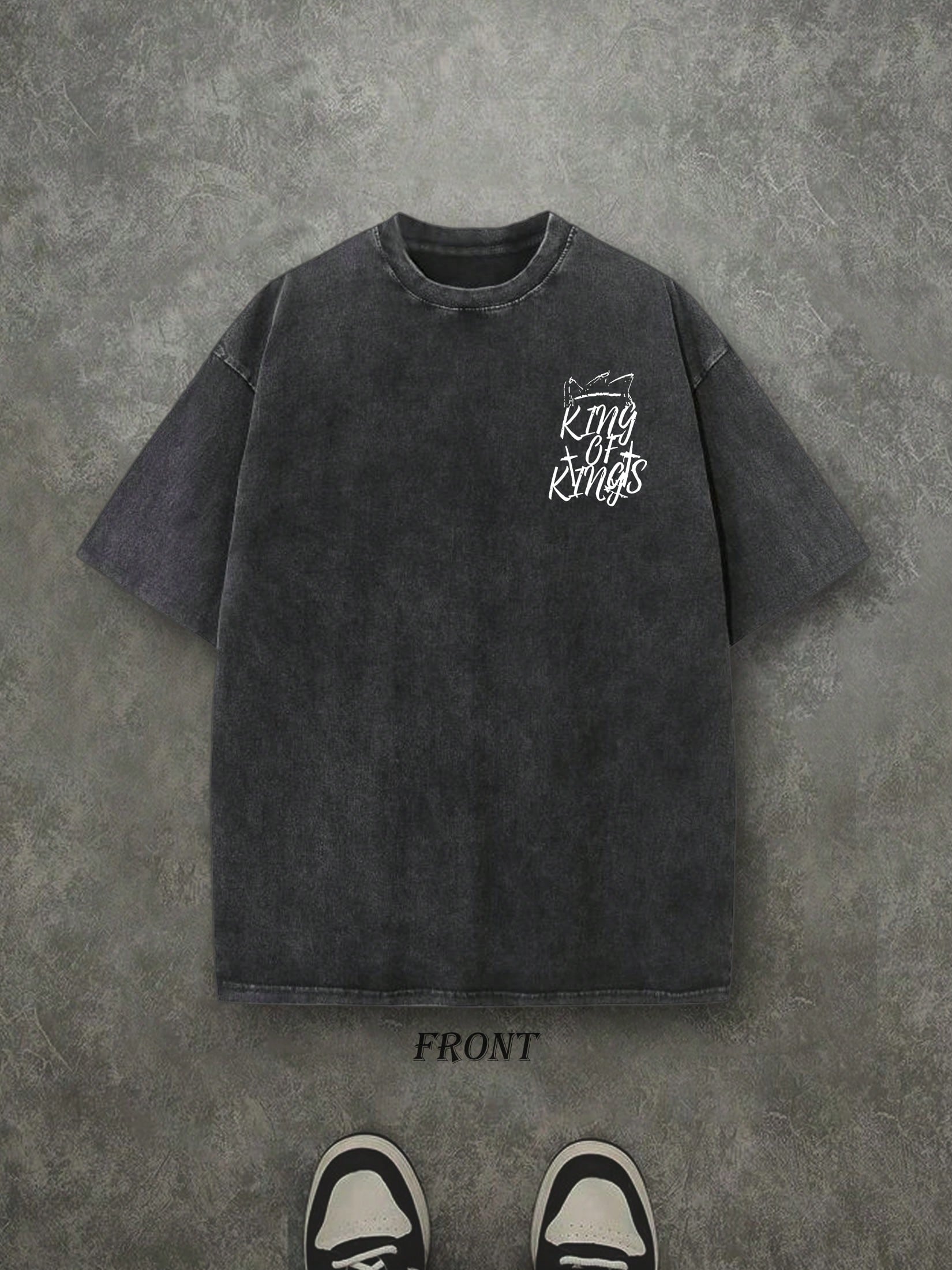 Retro Washed T-Shirt Double Sided Printed (230 Pure Cotton T-Shirt) 'YHWH KING OF KINGS'  Letter And Crown Pattern Print, Men's T-Shirt, Men's Casual, Comfortable, Fashionable T-Shirt, Street Style Cotton