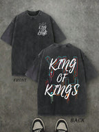 Retro Washed T-Shirt Double Sided Printed (230 Pure Cotton T-Shirt) 'YHWH KING OF KINGS'  Letter And Crown Pattern Print, Men's T-Shirt, Men's Casual, Comfortable, Fashionable T-Shirt, Street Style Cotton