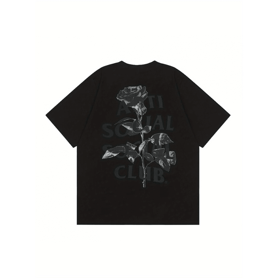 1pc 2025 Luxury Brand Men's Women's Vintage Streetwear T-Shirt - Oversized Unisex Crew Neck Short Sleeve Tee With Rose Print & Anti Social Club Graphic, 180GSM 100% Cotton, Black Casual Top For All Seasons, Allseason Apparel