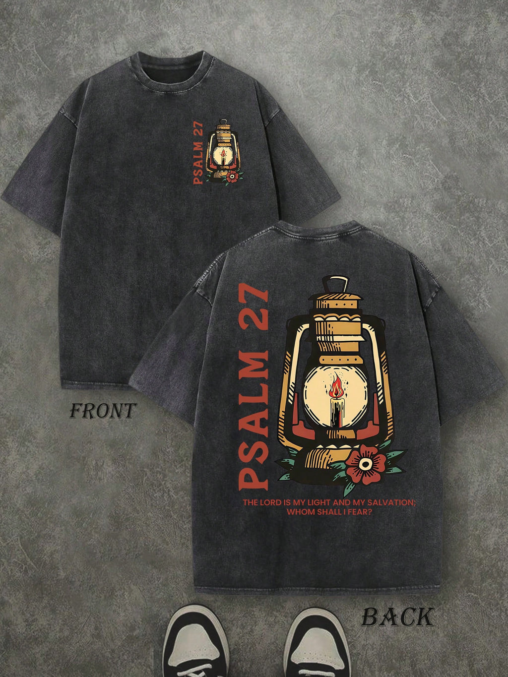 Retro Washed T-Shirt Double Sided Printed (230 Pure Cotton T-Shirt) 'PSALM 27 THE LORD IS MY LIGHT'  Letter And LIGHT Patterns Print, Men's T-Shirt, Men's Casual, Comfortable, Fashionable T-Shirt, Street Style Cotton