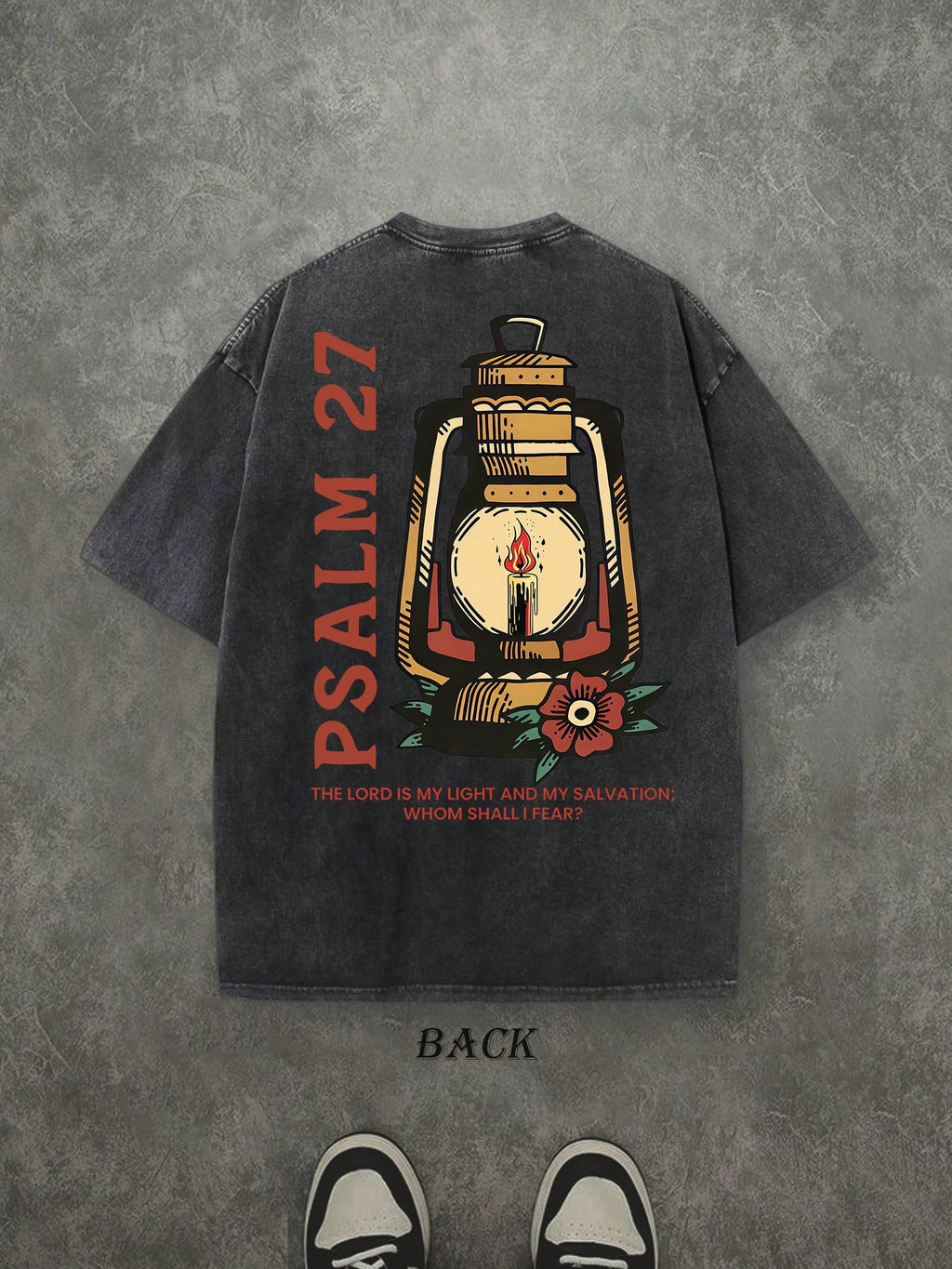 Retro Washed T-Shirt Double Sided Printed (230 Pure Cotton T-Shirt) 'PSALM 27 THE LORD IS MY LIGHT'  Letter And LIGHT Patterns Print, Men's T-Shirt, Men's Casual, Comfortable, Fashionable T-Shirt, Street Style Cotton