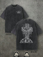 Retro Washed T-Shirt Double Sided Printed (230 Pure Cotton T-Shirt) 'HE IS RISEN'  Letter And CROSS Pattern Print, Men's T-Shirt, Men's Casual, Comfortable, Fashionable T-Shirt, Street Style Cotton