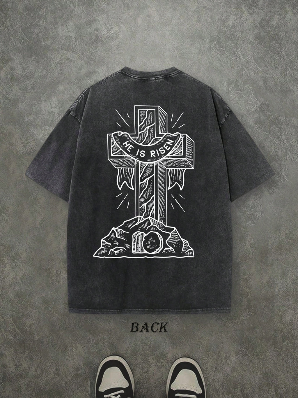 Retro Washed T-Shirt Double Sided Printed (230 Pure Cotton T-Shirt) 'HE IS RISEN'  Letter And CROSS Pattern Print, Men's T-Shirt, Men's Casual, Comfortable, Fashionable T-Shirt, Street Style Cotton