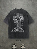 Retro Washed T-Shirt Double Sided Printed (230 Pure Cotton T-Shirt) 'HE IS RISEN'  Letter And CROSS Pattern Print, Men's T-Shirt, Men's Casual, Comfortable, Fashionable T-Shirt, Street Style Cotton