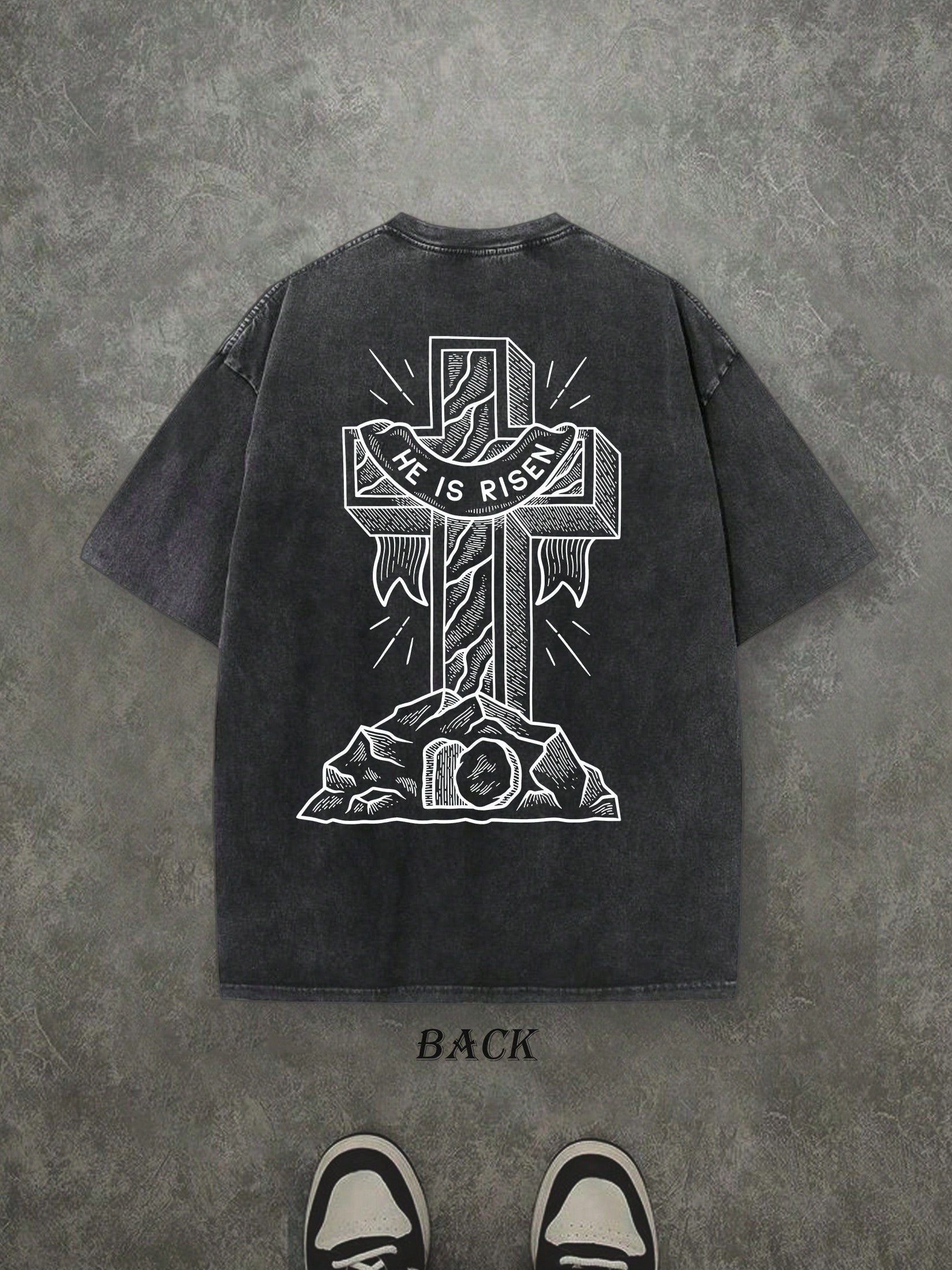 Retro Washed T-Shirt Double Sided Printed (230 Pure Cotton T-Shirt) 'HE IS RISEN'  Letter And CROSS Pattern Print, Men's T-Shirt, Men's Casual, Comfortable, Fashionable T-Shirt, Street Style Cotton